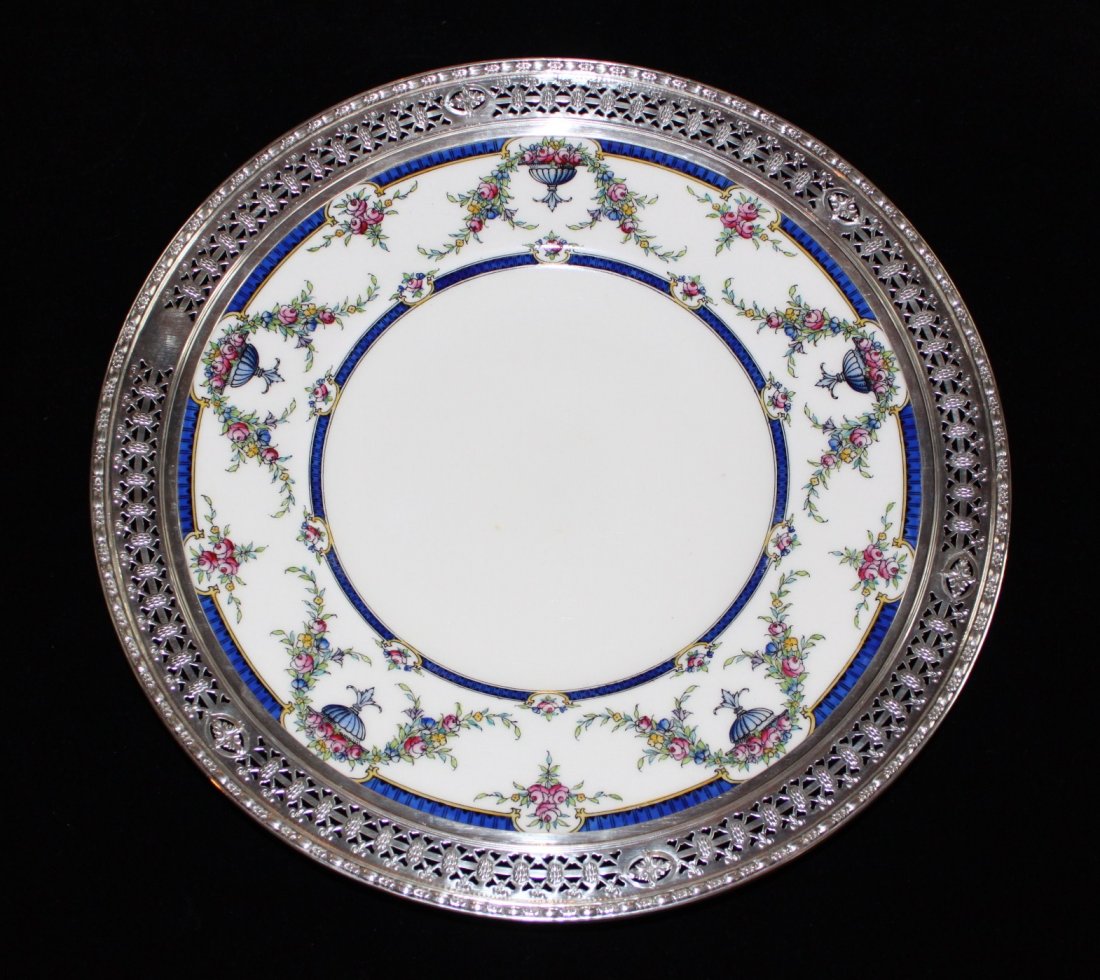 English Minton plate: encased in sterling silver reticulated frame, 12 1/2" dia.
