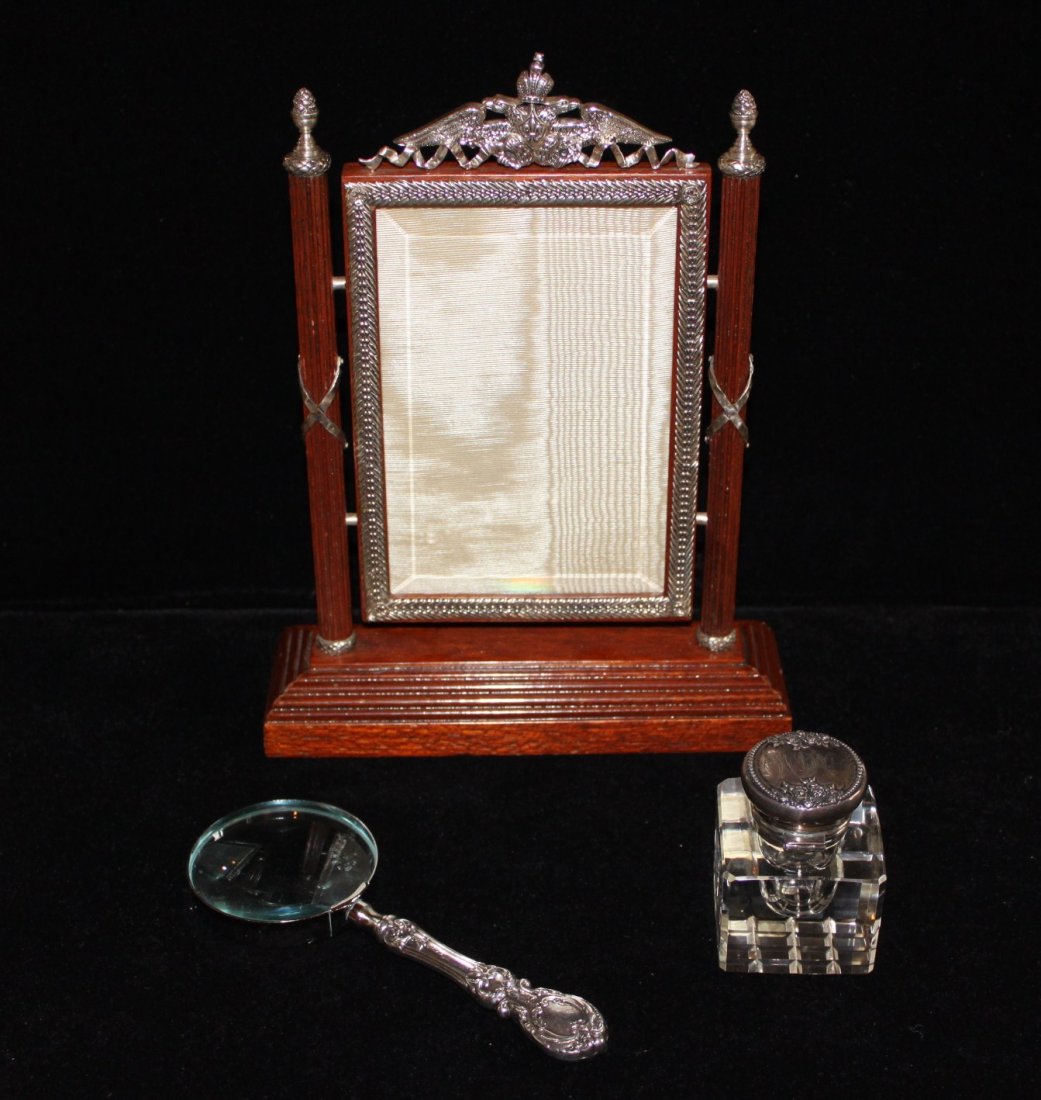 3 misc. desk items: inkwell, frame and magnifying glass