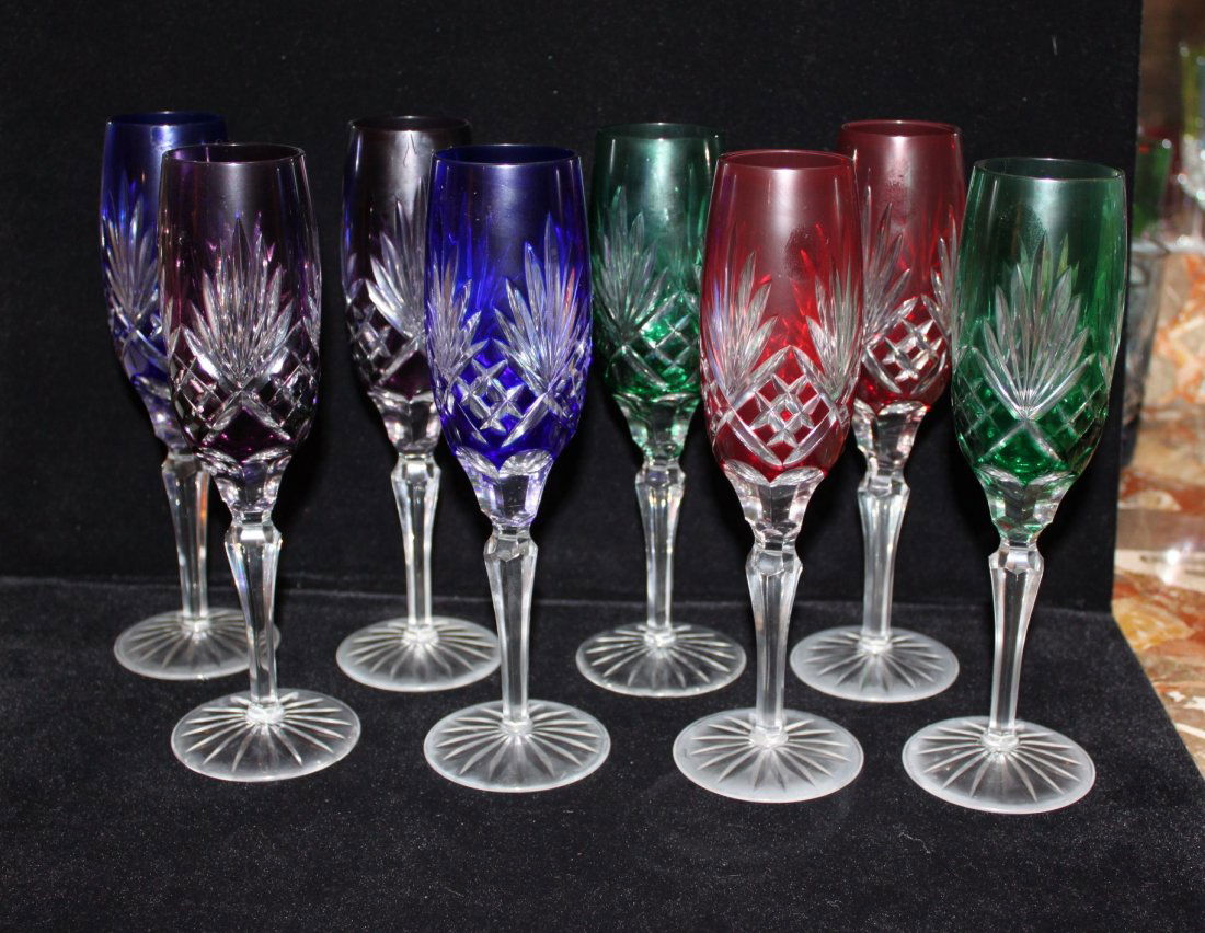 8 Colored Cut Czech Crystal Champagne Flutes