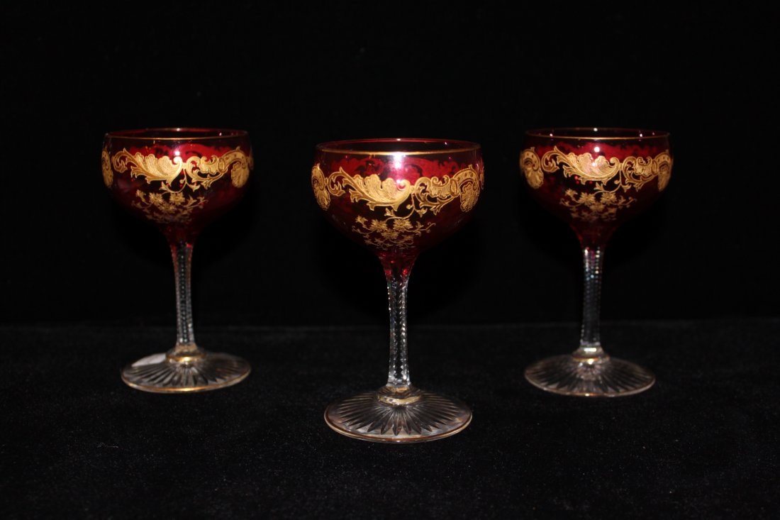 3 fancy French ruby glass gold overlay wine glasses: Measurements: 4 1/2" H