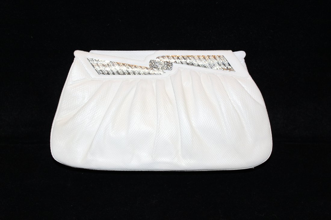 Judith Lieber white leather clutch: with rhinestones Measurements: 6 1/2"H x 11" W