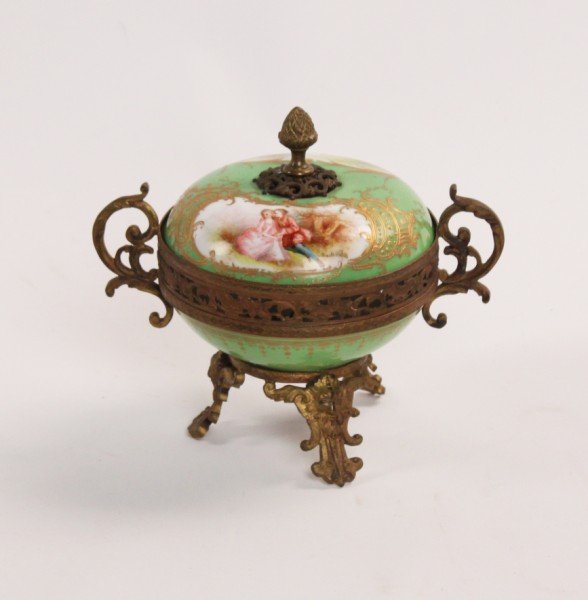 French Sevres Porcelain Potpourri Capped Vase: Gilt Bronze Mounted, marked "Chateau Des Tuileries, 1846. Measurements: 6h x 7w