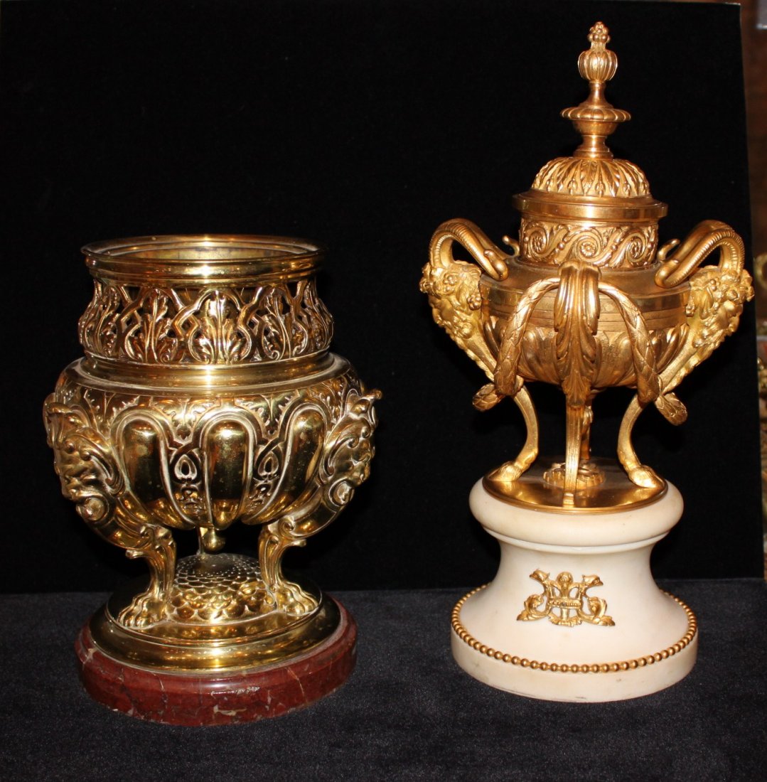 Group of 2 French Antique Marble Urns: Bronze Mounted, Measurements: 14.5h & 10.5h