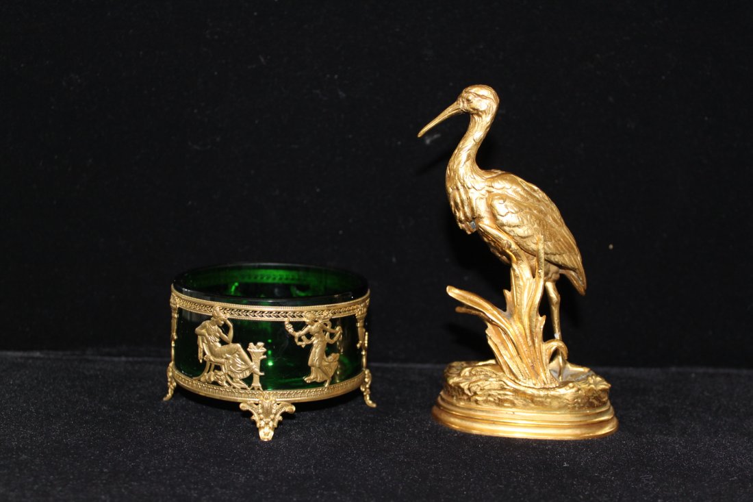 French bronze crane, signed Dubucand: with gilt bronze dish