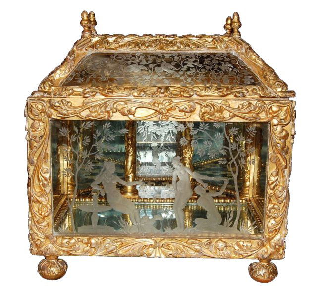 Superb carved giltwood reliquary: with scenic etched glass panels, removable top, and interior with ivory and ebony flooring