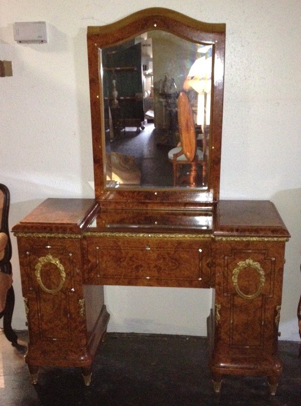 Continental Burl Walnut Vanity: with bronze mounts and mother of pearl inlay. Late 19th - Early 20th century. Vanity: 44w x 17.5d x 31h Mirror: 24w x 35h