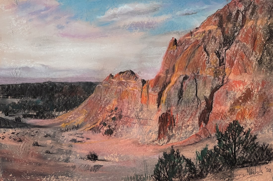 Perry Nichols, American, Texas, 1911-1992: Canyon Landscape, Pastel On Paper Signed And Dated 1992 Lower Right, Sight 11.5 X 17.5 Inches, Wood Frame 16 X 22 X .75 Inches, Colors Appear Stable Through Glass, Not Examined Out Of Frame. See Photo