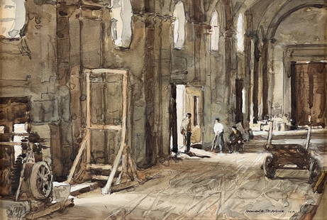 Donald Teague, American, California, 1897-1991: 1897-1991 Cuenca Cathedral Under Restoration, Interior With Carts And Machines, Watercolor On Paper, Signed Lower Right, With N.A., Titled And Inscribed With Artist Address Verso Sight 6 X 9 Inches, F