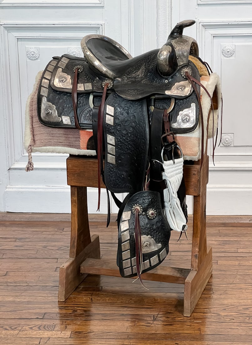 Important Silver & Tooled Leather Saddle: Mid 20th Century, Custom Black Tooled Leather Presentation Saddle And Tack. Elaborate Custom Nickel Silver Mounts And Conchos, RB Monogrammed Plate On Cantle Cover. Wool And Sheepskin Saddle Blanket A