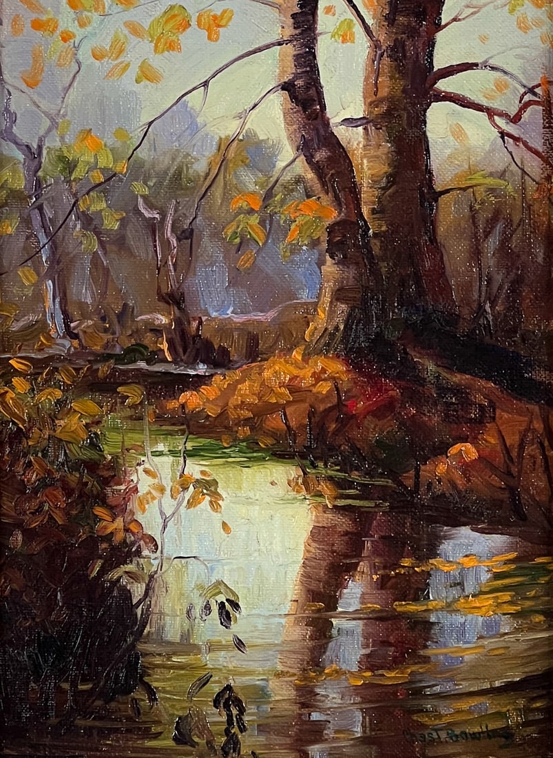 Charles Taylor Bowling, American, Texas, 1891-1985: Creek In Autumn, Oil On Masonite, Signed Lower Right, 15 X 11 Inches, Gilt Frame With Plaque, 24 X 20 X 2.5 Inches, Paint Surface Stable And Clean, Few Dents To Frame. See Photos For Additional Condit