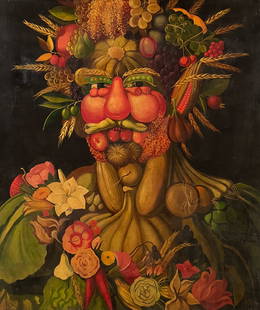 William Skilling, American California, Born 1940: Portrait Of A Man As Vegetables After Giuseppe Arcimboldo, Oil On Canvas, Signed Lower Left, Inscribed Verso W3291-17, 42 X 35 Inches, Painted Wood Frame 46 X 40 X 1.5 Inches, Paint Surface Stable, 4