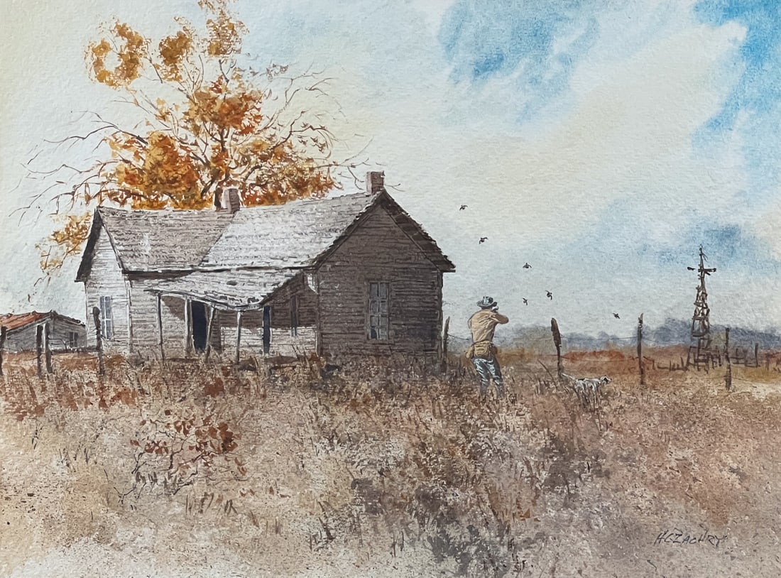 H.C. Zachry, American, Texas, Born 1940: Shooting Dove By An Old Farmhouse, Watercolor On Paper, Signed Lower Right, Sight 21 X 28 Inches, Matted In A Gilded Frame 33 X 40.5 X 2 Inches, Condition Slight Ripple To Paper, Good Color, No Tears