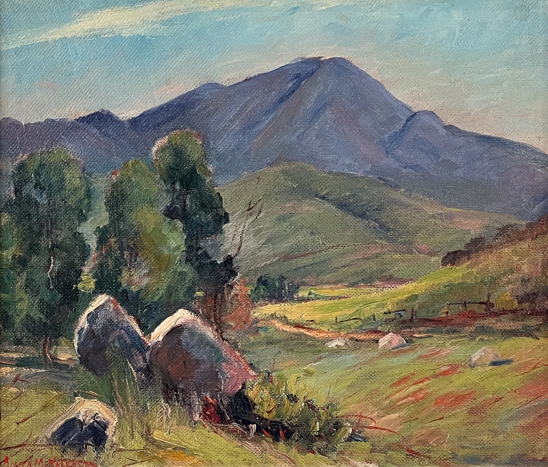 Anna Valentien, American, California, 1862-1947: Mountain Landscape, Oil On Masonite, Signed Lower Left, 16 X 19 Inches, Giltwood Frame, 20 X 23 X 2.5 Inches, Paint Surface Stable, Frame With Later Gold Paint And Areas Of Oxidation And Loss. See Pho