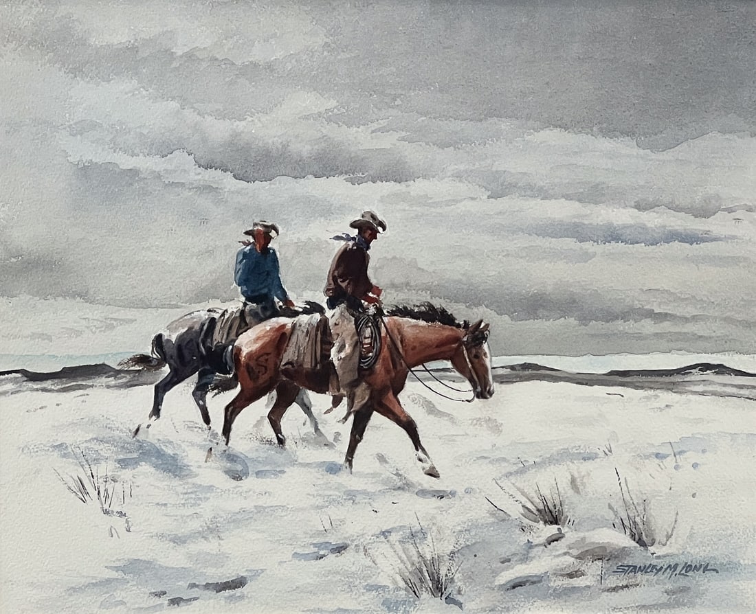 Stanley Long, American, Texas, 1892-1972: After The Blizzard, Two Cowboys On Horseback, Watercolor On Paper, Sighed Lower Right, Joseph Sartor Dallas Texas Label Verso, 16 X 20 Inches, Distressed Carved Oak And Giltwood Frame With Linen Fille