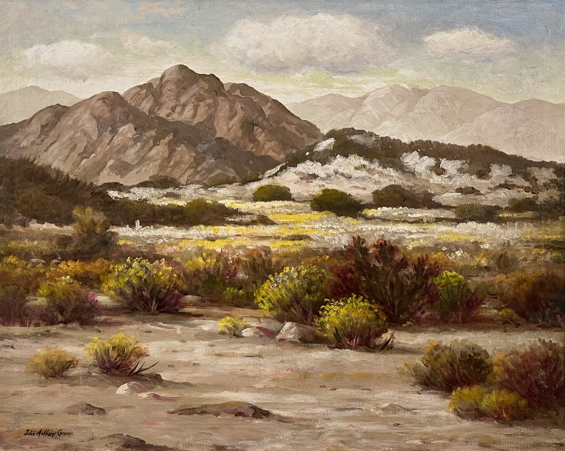 John Anthony Conner, American California, 1892-1971: Desert Gold Landscape, Oil On Canvas, Signed Lower Left, Titled In Pencil And Copyright Stamp Verso, 24 X 30 Inches, Later Distressed Wood Frame 31 X 37 X 1 Inches, Paint Surface With Light Craquelure