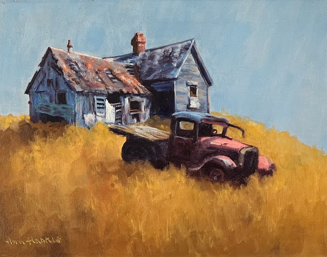 Ann Harris, American, Texas, 20th Century: Abandoned Ranch House With Old Truck, Oil On Canvas, Signed Lower Left, 14 X 18 Inches, Linen Liner And Wood Frame 20 X 25 X 1.5 Inches, Paint Surface Stable, Light Soiling To Linen Liner And Dents To