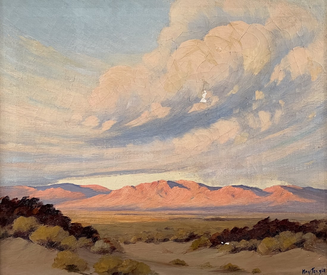 Kay Teagle, American, 20th Century: Dessert Mountain Landscape, Oil On Canvas, Signed Lower Right, Inscribed Linea Gaither On Stretcher Verso, 20 X 24 Inches, Period Giltwood Frame 25 X 29 X 2 Inches, Active Flaking And Cupping To Paint