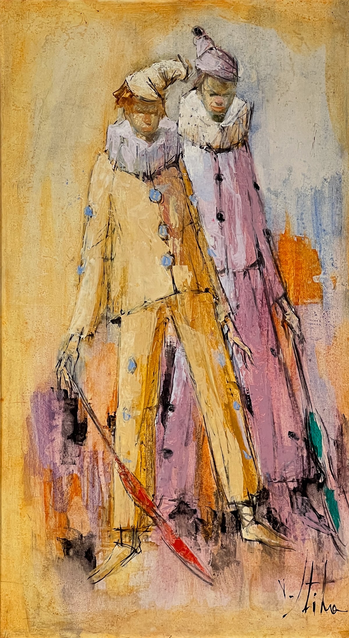 Vladan Stiha, Yugoslav, New Mexico, 1908-1992: Two Clowns, Oil On Masonite, Signed Lower Right, 29 X 16.5 Inches, Gilt Wood Frame With Linen Liner 35.5 X 22.75 X 2 Inches, Presents Well, Very Slight Discoloration To Varnish Layer. See Photos For A