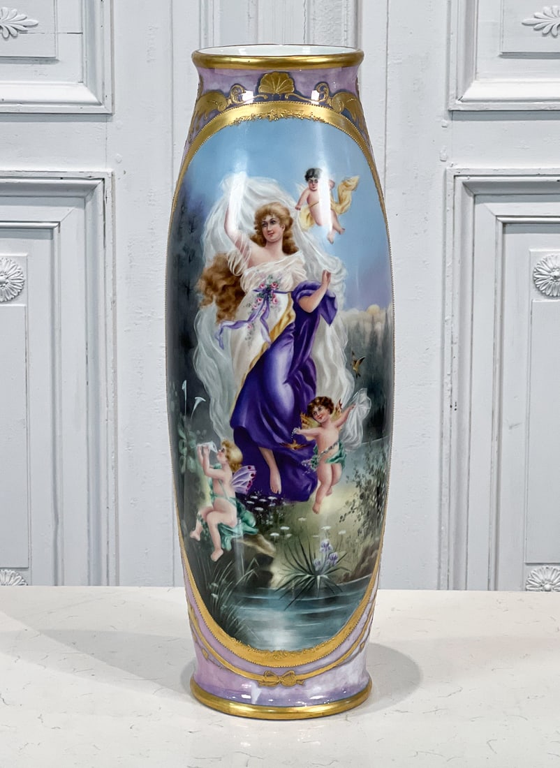 Large Limoges Porcelain Vase: French, Late 20th Century, Allegory Of Spring With Fairy Attendants In Reserve With Gilt And Iridescent Ground, Lidded Top, Marked T&V Underside For Bernardaud Tressemann & Vogt. Height 22 Inches. See