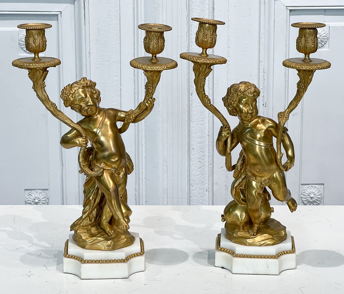 Pair Antique Gilt Bronze Putti Candelabra (1 of 8)