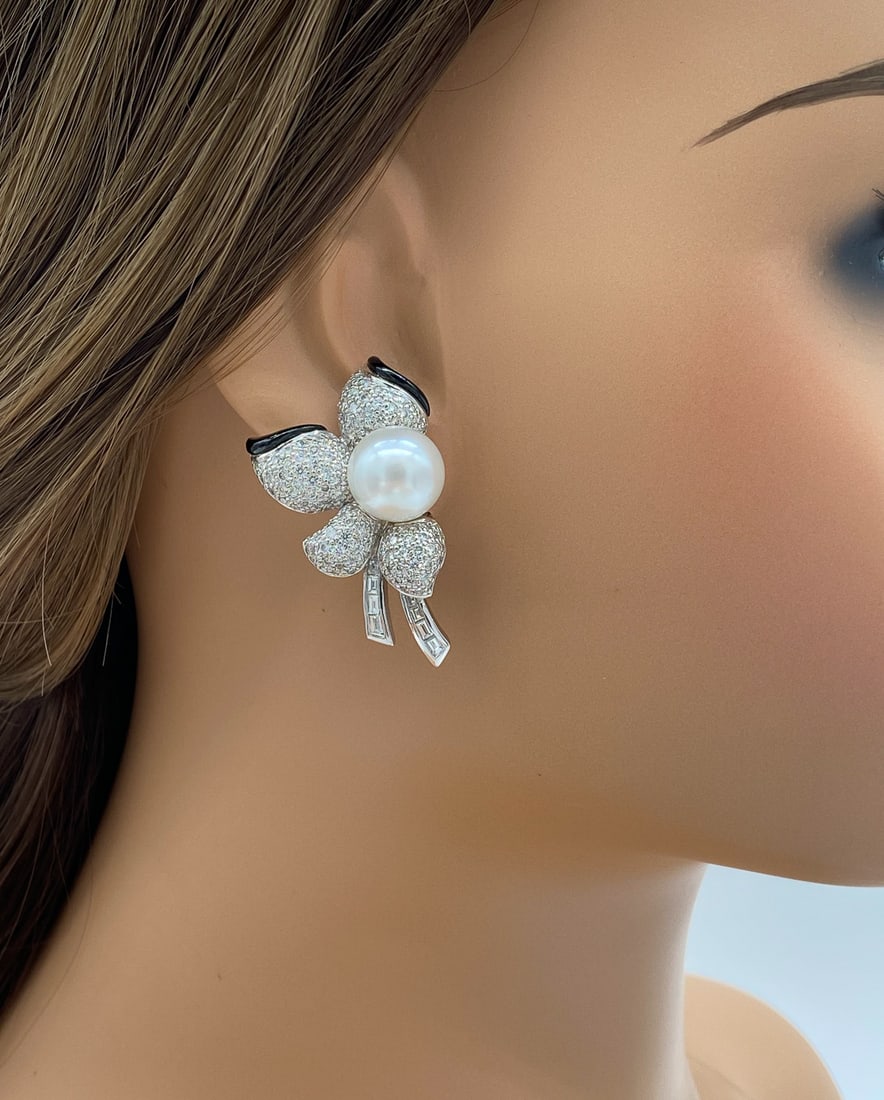 Pearl, Black Jade, Diamond Flower Earrings (1 of 7)