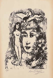 Marc Chagall, Belarus, French, 1887-1985: White Clown, Lithograph On Paper, Pencil Signed And Numbered Edition 24/75 Lower Margin, Sheet 22 X 14.5 Inches, Float Mounted In Glass, Wood Frame 30 X 22 X 1 Inches, Adhesive To Back Of Paper, Heavy