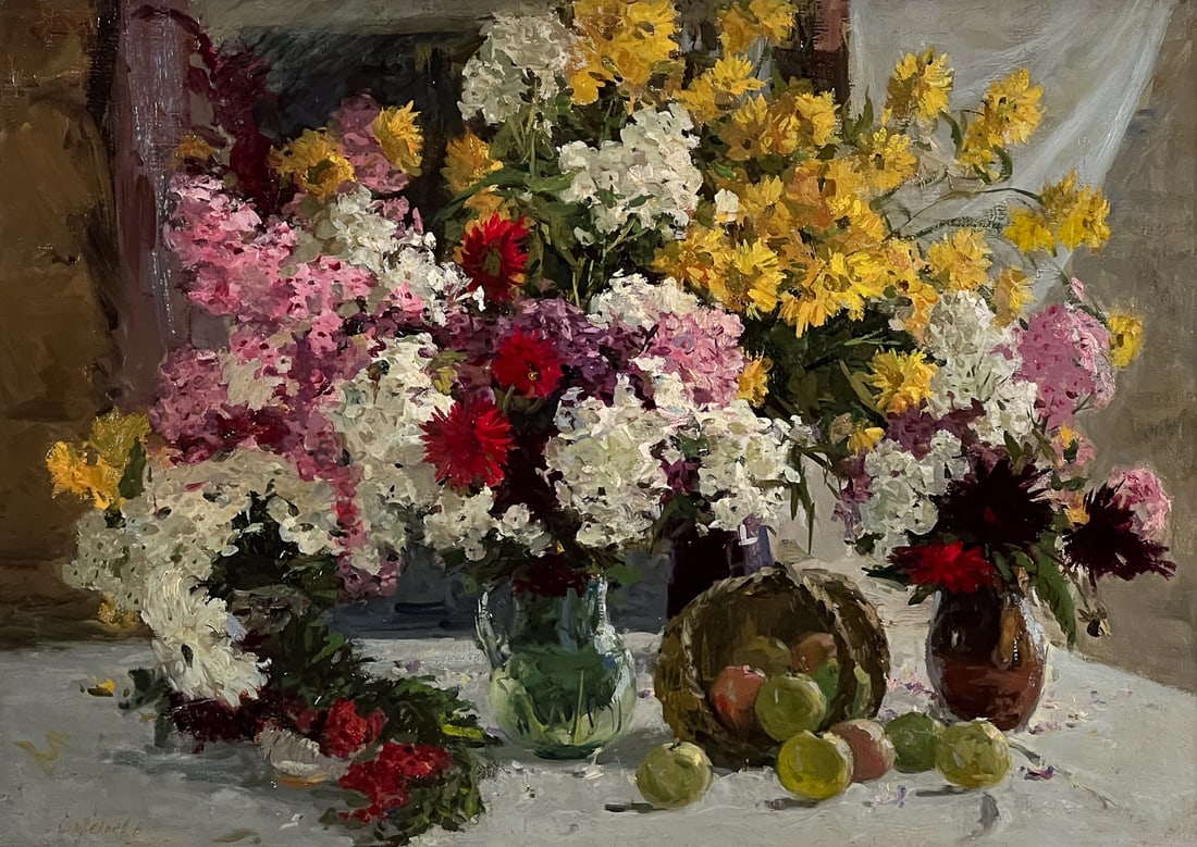 Vasili Saveliev, Russian, 1916-1968: Impressionist Still Life With Flowers And Fruit, Signed Lower Left, Dated 1953, Inscribed And Paul Hawkins London Gallery Label Verso, 24 X 34 Inches, Later Linen Painted And Giltwood Frame, 30.5 X 40