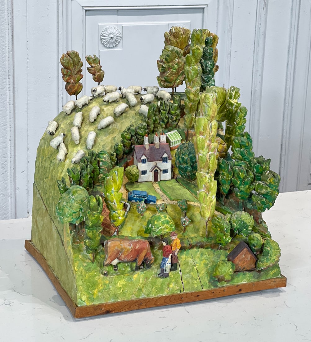 Alexander Hollweg, British, Born 1936: Country Landscape With Manor House, Farmer And Sheep, Carved And Painted Wood, Metal, And Wire, Height 14.5, Width 13.5, Depth 11.5 Inches, Five Sheep (Heavy, Possibly Painted Iron) Detached, Shrinkag