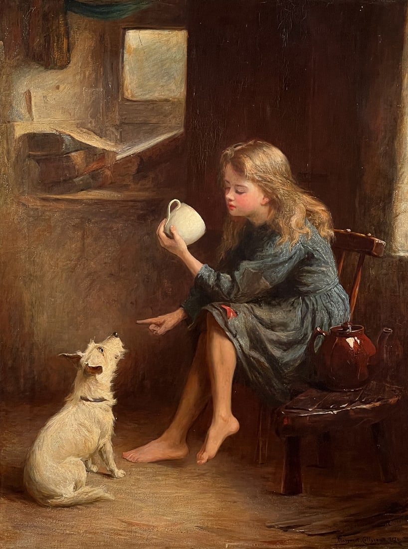 Margaret Collyer, British, 1872-1945: The Little Fortune Teller, Young Girl Reading Tea Leaves With Terrier, Oil On Canvas, Signed And Dated 1927 Lower Right 40 X 30 Inches, Period Giltwood Frame, 45 X 36 X 2 Inches, Varnish Layer Discolo