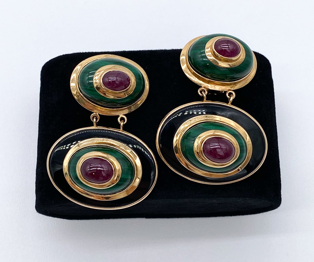 Malachite, Onyx, And Ruby Earrings, 14k Gold (1 of 4)