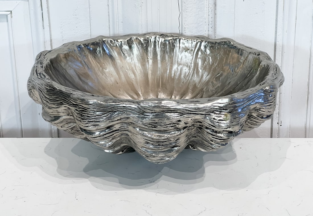Brad Oldham, Dallas, Nickel Plated Sink Basin: 21st Century, In The Form Of An Oyster Half Shell, Height 8, Width 19 Depth 16 Inches, Structurally Sound, Surface Clean. Dallas-based Artist Known For Deep Ellum's Traveling Man And Bird Sculptures. 