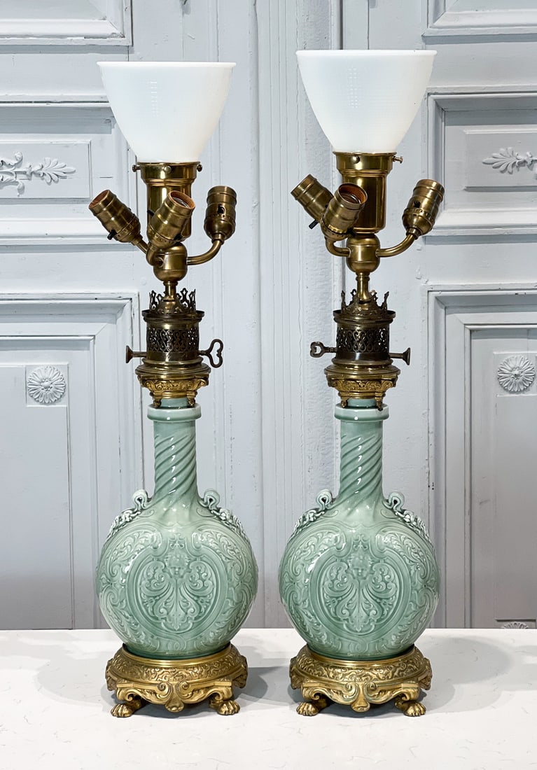 Pair French Celadon Porcelain Lamps: 19th Century, Gilt Bronze Mounts Electrified, Height Base 18 Inches, Base Height 18 Inches, Overall Height 28 Inches, Electrification Present But Function Not Guaranteed. See Photos For Additional Con