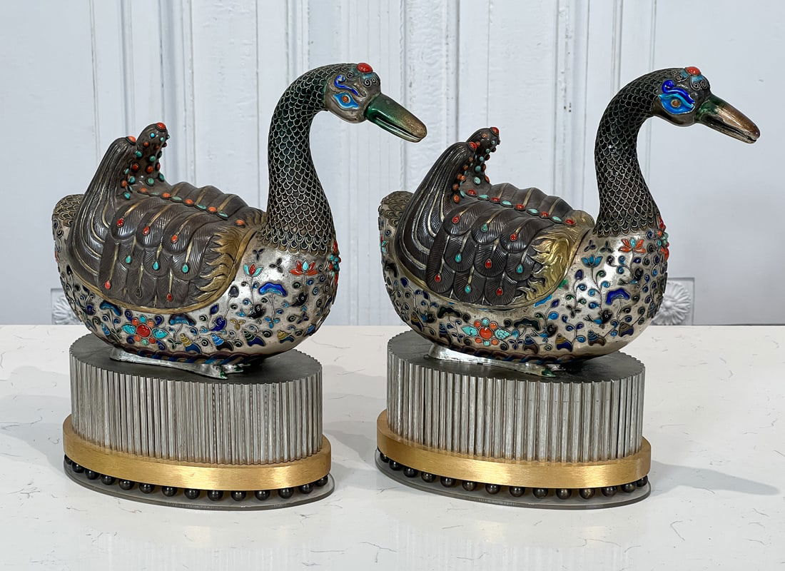 Pair Tibetan Silver And Jeweled Duck Censers (1 of 11)