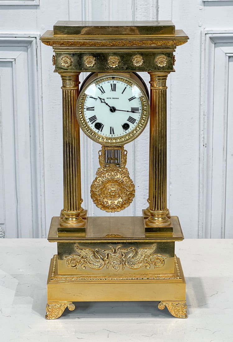 Seth Thomas Gilt Portico Clock: American, 20th Century, After The Neoclassical Original, Enamel Dial Marked, Key Present, Height 18.5, Width 8.5, Depth 5 Inches, Clockworks Present And Clean, But Function Not Guaranteed. See Photos