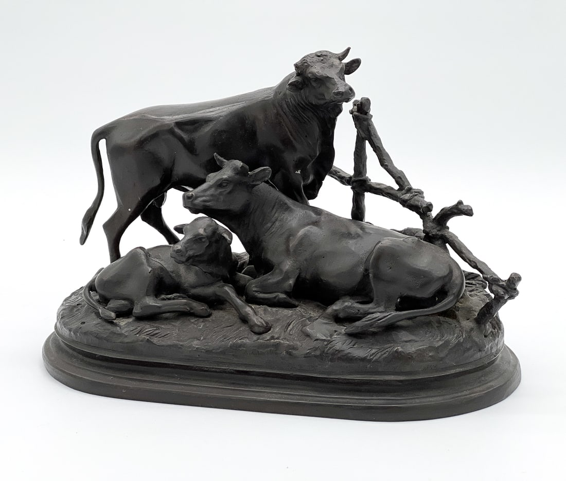 Bronze Group Of Cattle: After Jules Moigniez, With Bull, Cow And Calf, Brown Patina, Height 8, Width 13, Depth 7 Inches, Lacks Plinth. See Photos For Additional Condition Information.