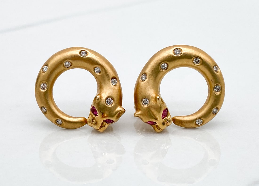Cartier Style Earrings With Rubies And Diamonds, 18k Gold (1 of 4)