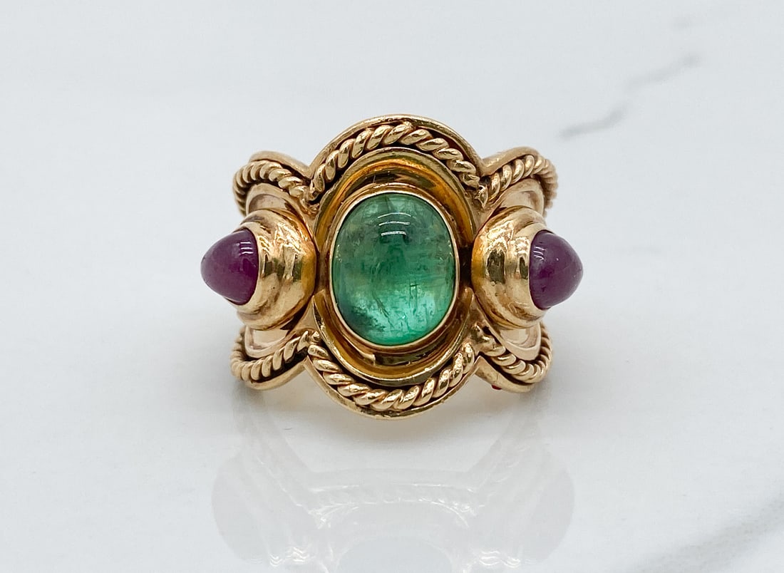MAZ Emerald And Ruby Cabochon Ring, 14k Gold (1 of 2)