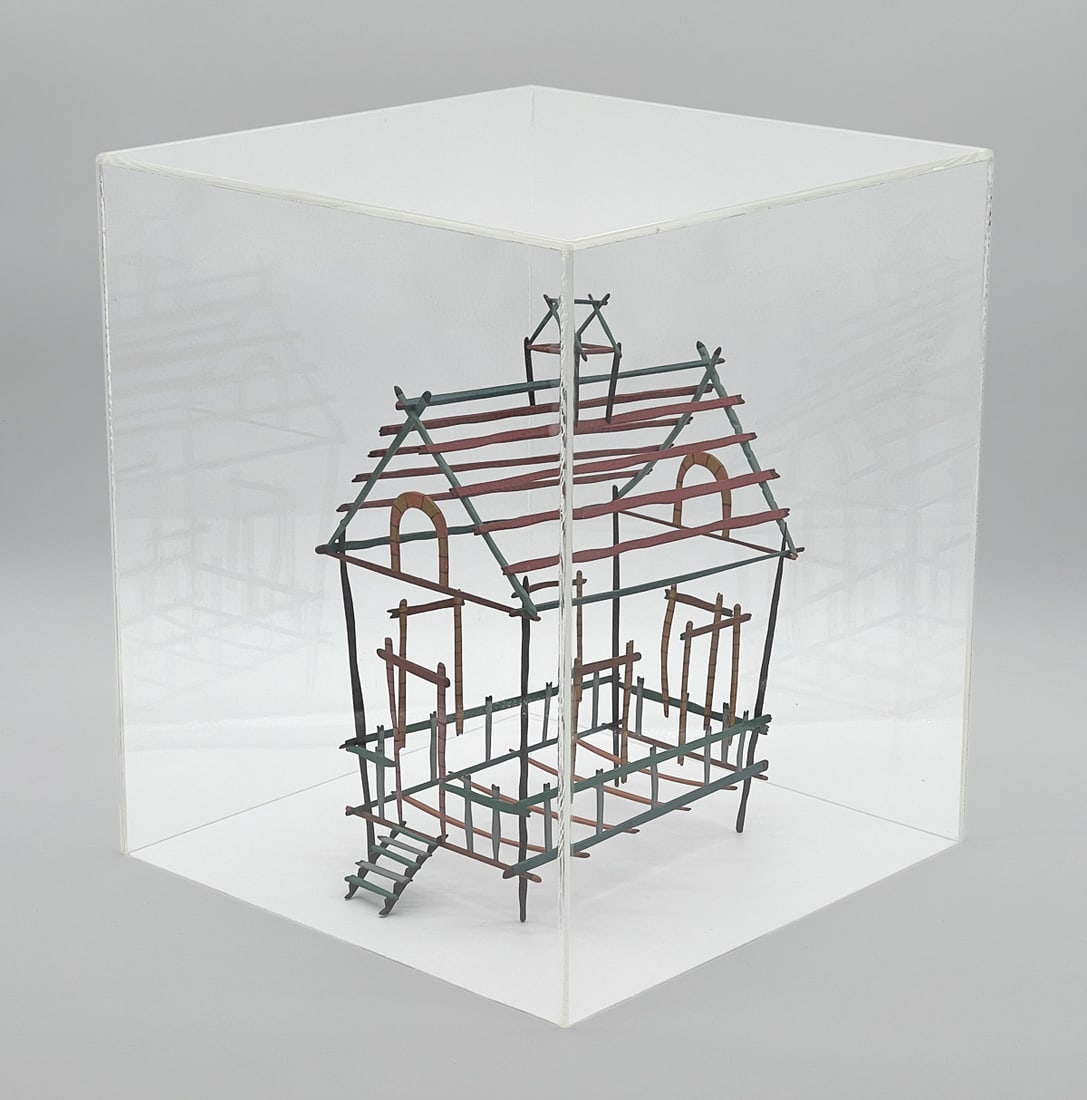 Tom Nussbaum, American, PA, Born 1953: House, Painted Wood Sculpture, Height 11, Width 5, Depth 9 Inches, Lucite Cover 15 X 12.5 X 12.5 Inches, Small Scratches To Lucite. See Photos For Additional Condition Information And Gallery Document