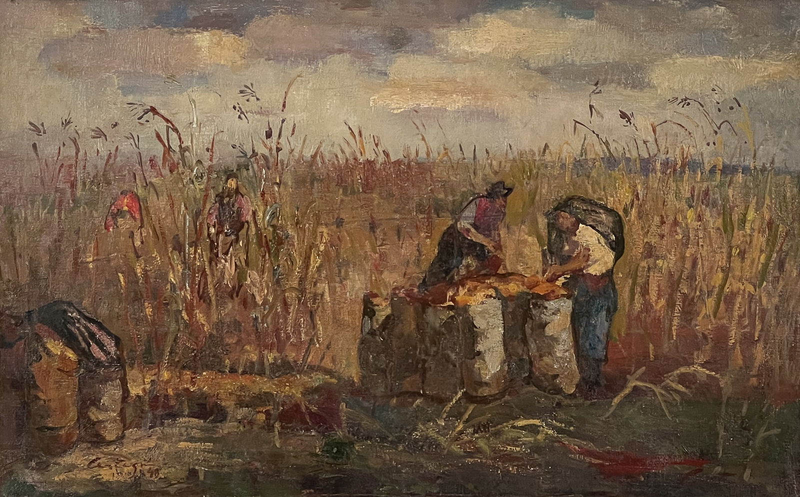 Juan A Carlos Castagnino, Argentina, 1908-1972: Maizal, Maize Harvest, 1948, Oil On Canvas, Signed And Dated Lower Left, Titled And Dated Verso, 19.5 X 31.5 Inches, Wood And Linen Frame, 28 X 39 X 1 Inches, Varnish Layer Discolored, Light Craquelur