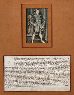 Henry VIII Era Manuscript: 15th Century, Document Ink On Parchment, Sight 8.5 X 15.5 Inches, With Offset Lithograph Portrait In A Giltwood Frame, 29 X 24 X 1.5 Inches, Provenance: The Quill And Pen Gallery By Repute. See Photos