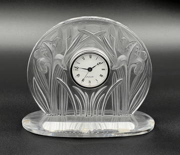 Lalique Iris Glass Desk Clock, Boxed: French, After 1945, Marked Lalique France Underside, Labeled Lalique Paris On Back, With Frosted And Clear Glass, Height 6.5, Width 8, Depth 3 Inches, Original Box With Foam Inserts And Papers; Quartz