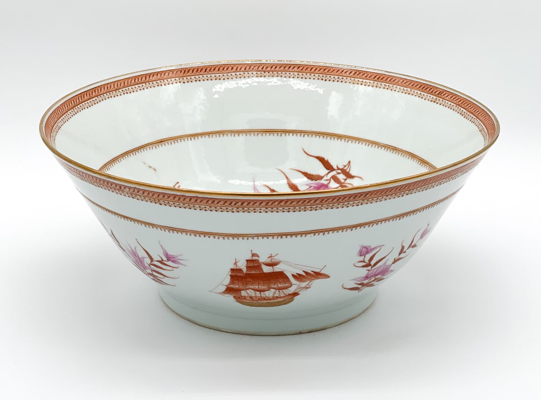 Large Chinese Export Porcelain Bowl: Probably Qing, 19th Century, Clipper Ship And Flowers In Iron Red And Pink Glaze, Height 6, Diameter 14 Inches, Shelf Wear Underside. See Photos For Additional Condition Information.