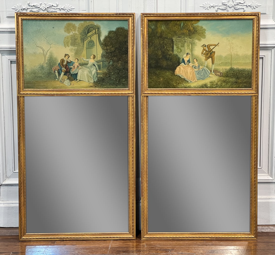 Pair Louis XVI Style Trumeau Mirrors: Mid 20th Century, Each With Oil On Canvas Scene After Nicolas Lancret Over Rectangular Mirror Plate In Beribboned Gilt Frame, Height 52, Width 27, Depth 1.5 Inches, Structurally Sound, Light Surface D