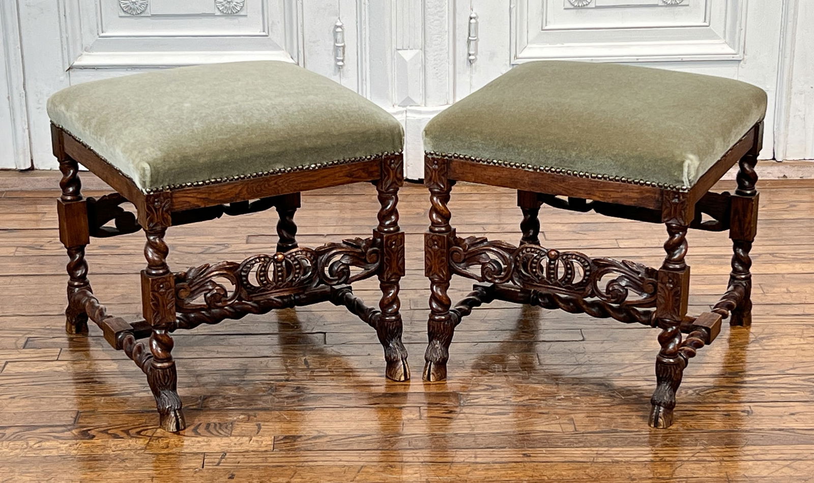 Pair Jacobean Style Oak Stools (1 of 10)