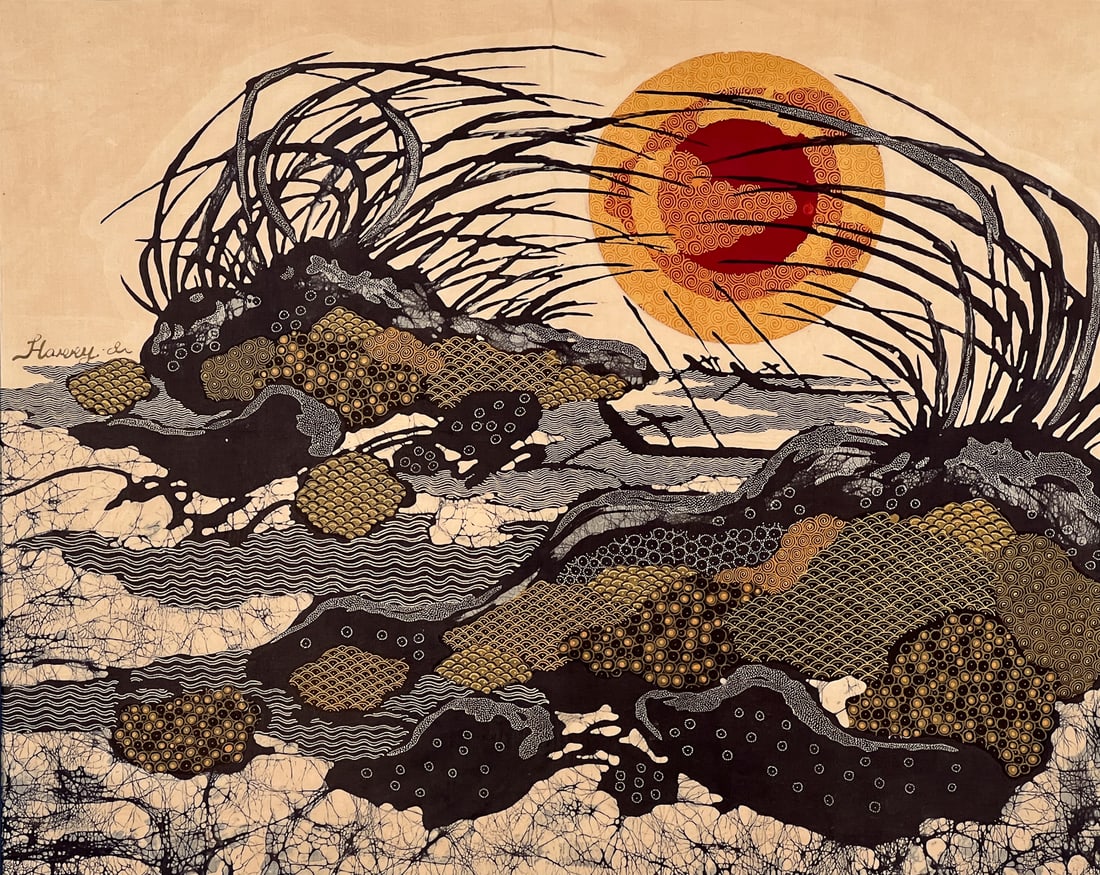 Modern Japanese Landscape On Silk: Late 20th Century, With Rocks On A Sea Shore With Setting Sun, Signed. Center Left, Under Glass In Grey Metal Frame 28 X 35 X 1 Inches, Silk Toned, Frame Corner Abraded, See Photos.