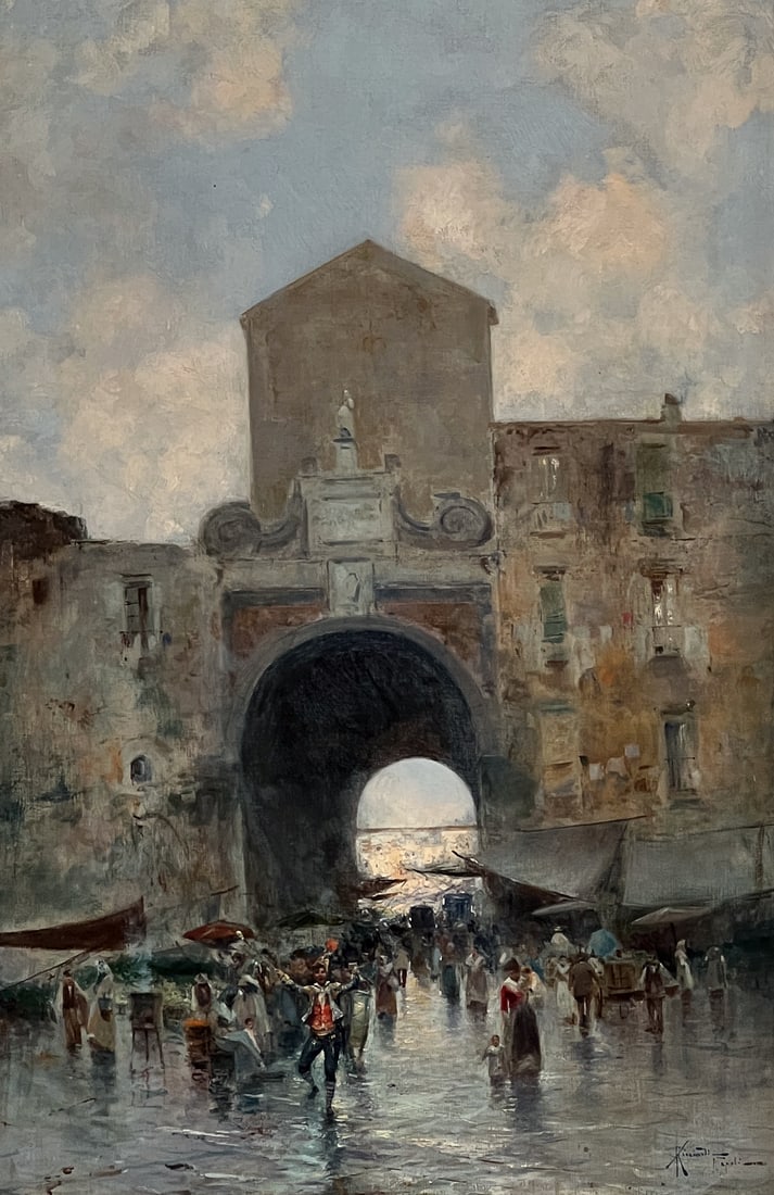 Oscar Ricciardi, Italian, 1864-1935: Market Scene, Naples, Oil On Canvas Signed And Inscribed Napoli Lower Right, 24 X 16 Inches, Antique Giltwood Frame 33 X 25 X 4 Inches, Paint Surface Stable, Varnish Layer Clean, Frame With Later Pain