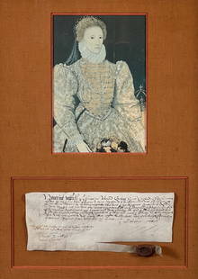 Elizabeth I Era Manuscript And Wax Seal: 16th Century, Document With Ink On Parchment, 4 X 10 Inches, With Offset Lithograph Portrait On A Giltwood Shadow Box Frame 27 X 21.5 X 2 Inches, Provenance: Quill And Pen Gallery By Repute. See Photo