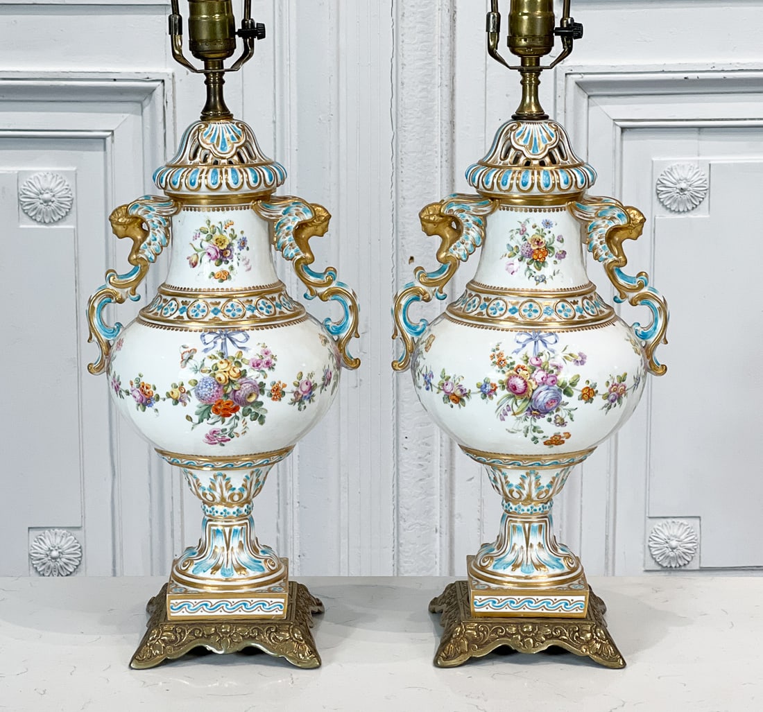 Pair Dresden Porcelain Urn Table Lamps (1 of 10)
