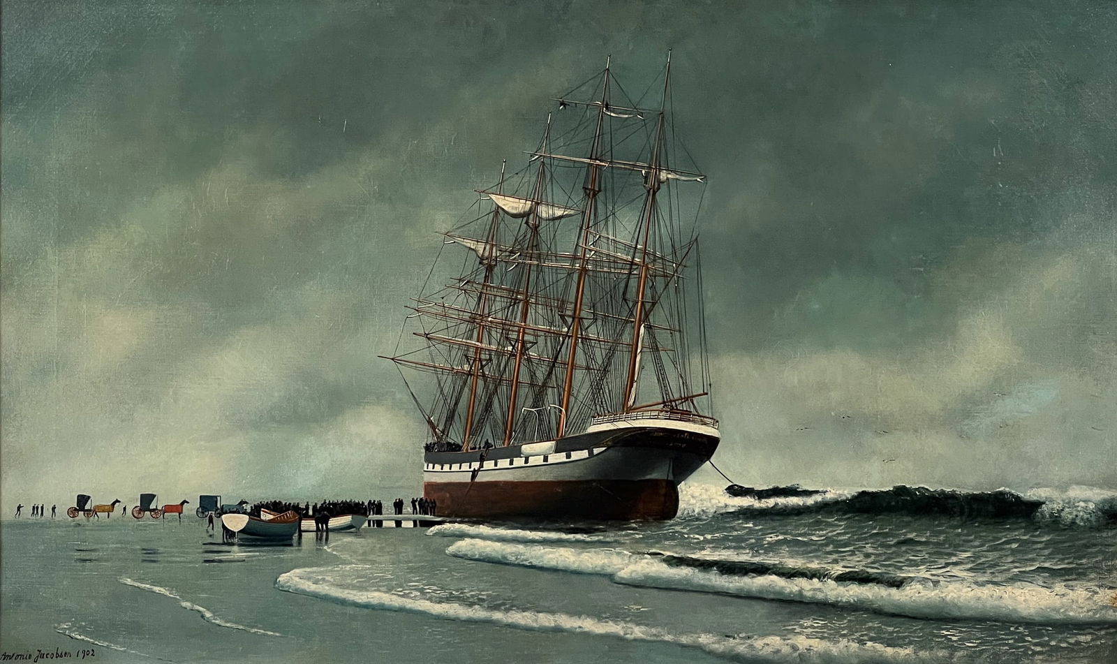 Frigate Ship Edinburgh Oil Painting: American, 20th Century, With A Full Rig Ship Beached At Low Tide With Crew Boarding, Oil On Canvas, Spuriously Signed And Dated 1902 Lower Left, 18 X 30 Inches, Antique Giltwood Frame, 19.5 X 31.5 X .