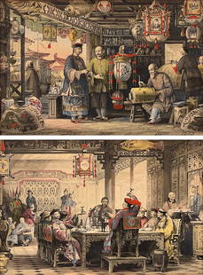 Thomas Allom, British, 19th Century: Chinese Lantern Maker's Shop And Dinner Party At A Mandarin Palace, Two Colored Engravings, Sight 7.5 X 11.5 Inches, Giltwood Frame, 16 X 20 X 1.5 Inches, Paper Toned, Frames Dented. See Photos For Ad